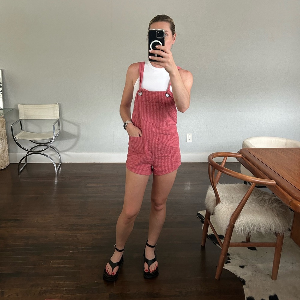 BDG pink stripped overall romper - size small